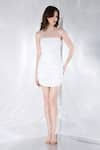 Ozeqo_White Lycra Plain Straight Celeste Bodycon Ruched Dress With Ruffle  _Online_at_Aza_Fashions