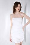 Ozeqo_White Lycra Plain Straight Celeste Bodycon Ruched Dress With Ruffle  _at_Aza_Fashions