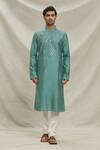 Arihant Rai Sinha_Green Staple Blend Embroidered Yoke Mirror Work Kurta With Pyjama _Online_at_Aza_Fashions