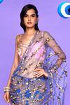 Shop_Papa Dont Preach_Blue Tulle Pearls, It Girl Cleo Embellished Pre-stitched Saree With Bralette_at_Aza_Fashions