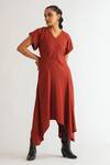 Buy_A Line Store_Red Moss Crepe Plain V Neck Hourglass Asymmetric Dress _at_Aza_Fashions