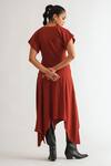 Shop_A Line Store_Red Moss Crepe Plain V Neck Hourglass Asymmetric Dress _at_Aza_Fashions