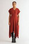 A Line Store_Red Moss Crepe Plain V Neck Hourglass Asymmetric Dress _Online_at_Aza_Fashions