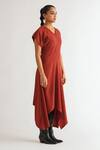 Buy_A Line Store_Red Moss Crepe Plain V Neck Hourglass Asymmetric Dress _Online_at_Aza_Fashions