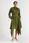 Buy_A LINE STORE_Green Moss Crepe Plain Round High Neck Cold Shoulder Dress _at_Aza_Fashions