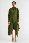 A LINE STORE_Green Moss Crepe Plain Round High Neck Cold Shoulder Dress _Online_at_Aza_Fashions