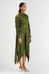 Buy_A LINE STORE_Green Moss Crepe Plain Round High Neck Cold Shoulder Dress _Online_at_Aza_Fashions