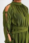 Shop_A LINE STORE_Green Moss Crepe Plain Round High Neck Cold Shoulder Dress _Online_at_Aza_Fashions