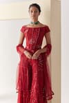 Buy_Mishru_Red Tulle Embroidery Hera Florid Crest Corset With Flared Pant  