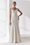 Shop_Mishru_Ivory Organza Embroidery Celine Lily Meadow Embellished Mermaid Gown  _at_Aza_Fashions