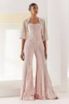 Buy_Mishru_Pink Corset And Pant Velvet Embroidery Beads Belize Tonal Short Cape Set _at_Aza_Fashions