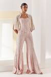 Shop_Mishru_Pink Corset And Pant Velvet Embroidery Belize Tonal Short Cape Set  _at_Aza_Fashions