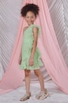 Buy_LITTLEENS_Green Cotton Textured Striped Organza Giulia One Shoulder Dress _Online_at_Aza_Fashions