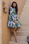 Janyas Closet_Green Silk, Net, Satin, Linen Spring Soiree Printed Dress_Online_at_Aza_Fashions