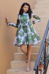 Shop_Janyas Closet_Green Silk, Net, Satin, Linen Spring Soiree Printed Dress_Online_at_Aza_Fashions