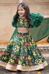 Buy_JANYAS CLOSET_Green Satin Printed Bouquet Autumn Lehenga Set _at_Aza_Fashions