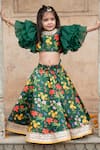 JANYAS CLOSET_Green Satin Printed Bouquet Autumn Lehenga Set _at_Aza_Fashions