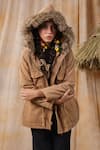 Buy_NYARO_Brown Cotton Yard Dyed Embroidered Thread Hooded Fur Bordered Jacket  _Online_at_Aza_Fashions