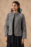 NYARO_Grey Sheeting Embroidered Mirror Mandarin Collar Thread Work Jacket  _Online_at_Aza_Fashions