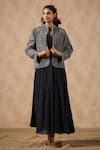 Shop_NYARO_Grey Sheeting Embroidered Mirror Mandarin Collar Thread Work Jacket  _Online_at_Aza_Fashions