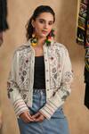 Shop_NYARO_White Handloom Cotton Slub Embroidered Thread Collar Flower Jacket  _Online_at_Aza_Fashions