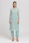 Missprint_Green Kurta And Dupatta Organza Hand Block Printed Floral V Neck Pant Set _Online_at_Aza_Fashions