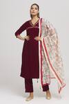 Buy_Missprint_Maroon Dupatta Chanderi Embroidered Dori V Neck Yoke Velvet Kurta Pant Set _Online_at_Aza_Fashions