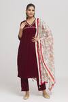 Shop_Missprint_Maroon Dupatta Chanderi Embroidered Dori V Neck Yoke Velvet Kurta Pant Set _Online_at_Aza_Fashions