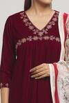 Missprint_Maroon Dupatta Chanderi Embroidered Dori V Neck Yoke Velvet Kurta Pant Set _at_Aza_Fashions