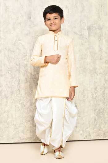 Buy_Petite Pomme_Peach Jacquard, Cotton Woven Kurta And Dhoti Pant Set _at_Aza_Fashions