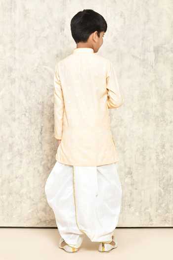 Shop_Petite Pomme_Peach Jacquard, Cotton Woven Kurta And Dhoti Pant Set _at_Aza_Fashions