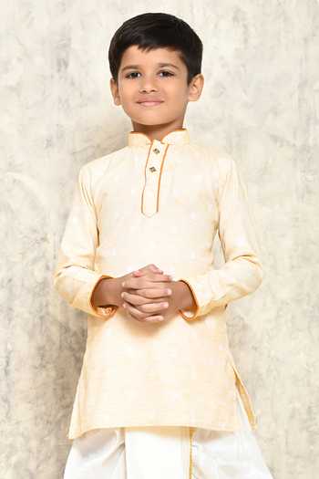 Buy_Petite Pomme_Peach Jacquard, Cotton Woven Kurta And Dhoti Pant Set _Online_at_Aza_Fashions