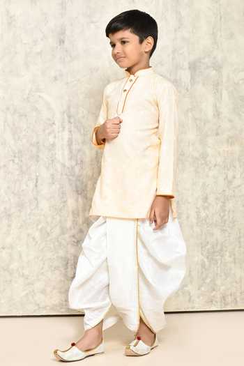 Shop_Petite Pomme_Peach Jacquard, Cotton Woven Kurta And Dhoti Pant Set _Online_at_Aza_Fashions