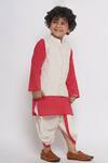 Little Bansi Red Cotton Gota Patti, Embroidery Threadwork Kurta Set With Bundi Online at Aza Fashions Little Bansi_Red Cotton Gota Patti, Embroidery Threadwork Kurta Set With Bundi _Online_at_Aza_Fashions