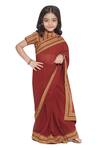 Buy_Little Bansi_Brown Cotton Printed Stripe Border Pre-draped Saree With Blouse _at_Aza_Fashions