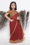 Little Bansi_Brown Cotton Printed Stripe Border Pre-draped Saree With Blouse _Online_at_Aza_Fashions