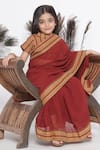 Little Bansi_Brown Cotton Printed Stripe Border Pre-draped Saree With Blouse _at_Aza_Fashions