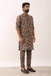 Son of A Noble Snob_Brown 100% Linen Printed Abstract Floral Jeet Stencil Kurta _Online_at_Aza_Fashions