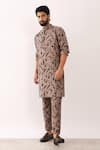Shop_Son of A Noble Snob_Brown 100% Linen Printed Abstract Floral Jeet Stencil Kurta _Online_at_Aza_Fashions