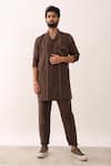 Buy_Son of A Noble Snob_Brown 100% Linen Printed Avay Flow Striped Long Shirt And Trouser Set  _at_Aza_Fashions