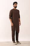 Son of A Noble Snob_Brown 100% Linen Plain Ayush Asymmetric Panelled Kurta And Trouser Set  _Online_at_Aza_Fashions