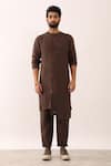 Shop_Son of A Noble Snob_Brown 100% Linen Plain Ayush Asymmetric Panelled Kurta And Trouser Set  _Online_at_Aza_Fashions