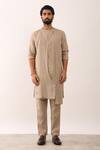 Son Of A Noble Snob_Beige 100% Linen Solid Rohan Overlap Panel Kurta With Trouser_Online_at_Aza_Fashions