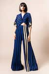 Buy_Nupur Kanoi_Blue Crepe Printed Stripe V Neck Knotted Top And Pant Set  _at_Aza_Fashions