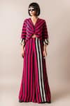 Buy_Nupur Kanoi_Magenta Crepe Printed Stripe V Neck Knotted Top And Pant Set  _at_Aza_Fashions