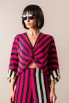Nupur Kanoi_Magenta Crepe Printed Stripe V Neck Knotted Top And Pant Set  _Online_at_Aza_Fashions