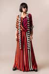 Shop_Nupur Kanoi_Multi Color Crepe Printed Stripe Sash Draped Shirt And Pant Set  _Online_at_Aza_Fashions