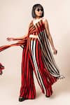 Buy_Nupur Kanoi_Orange Crepe Printed Stripe V Neck Draped Top And Pant Set  _Online_at_Aza_Fashions