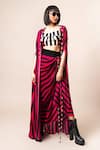 Buy_Nupur Kanoi_Magenta Crepe Printed Stripe Cape Sash Draped Skirt Set  _at_Aza_Fashions