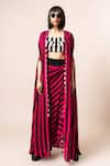 Nupur Kanoi_Magenta Crepe Printed Stripe Cape Sash Draped Skirt Set  _Online_at_Aza_Fashions